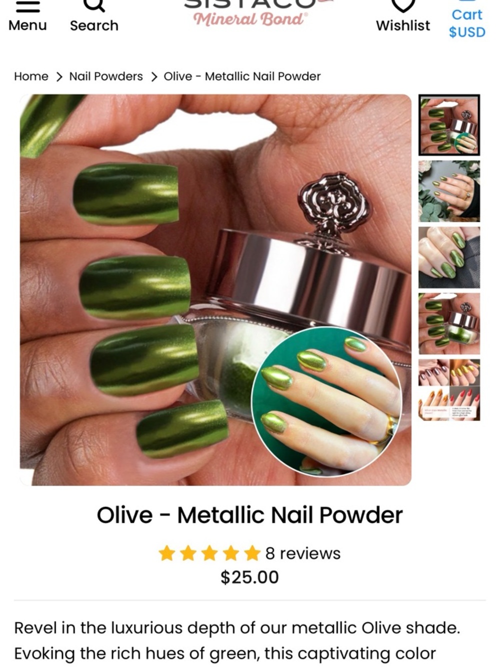 Sistaco Olive Metallic Nail Powder - Shimmer Green Chrome